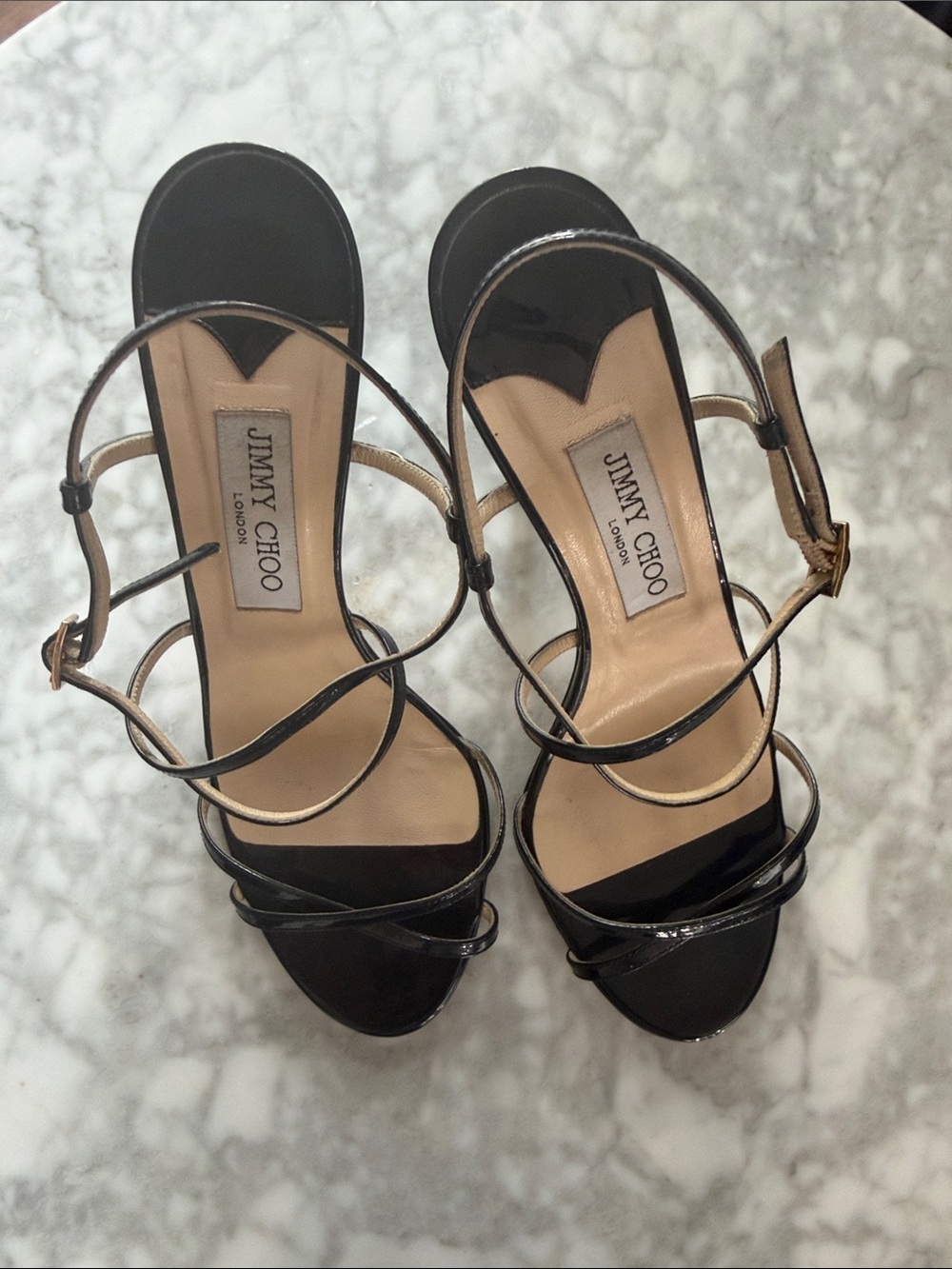Jimmy Choo Dark Navy Patent Leather Sandals - like new on top, scuffed soles - Picture 5 of 12